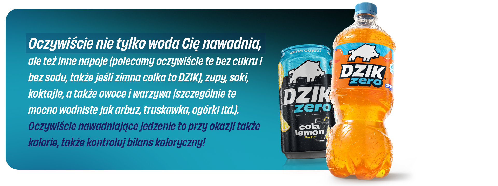 Baner pokazujący napoje zero od WK Dzik o smaku pomarańczy oraz coli zero.